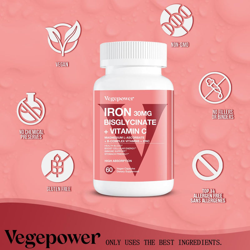 Iron Bisglycinate Supplement for Women - 30mg Iron, 60 Vegan Caps | with Vitamin C, B12, Folate for High Absorption, Chelated Iron for Anemia & Energy Support - Gentle on Stomach, Non-GMO Unflavored 60 Count (Pack of 1)