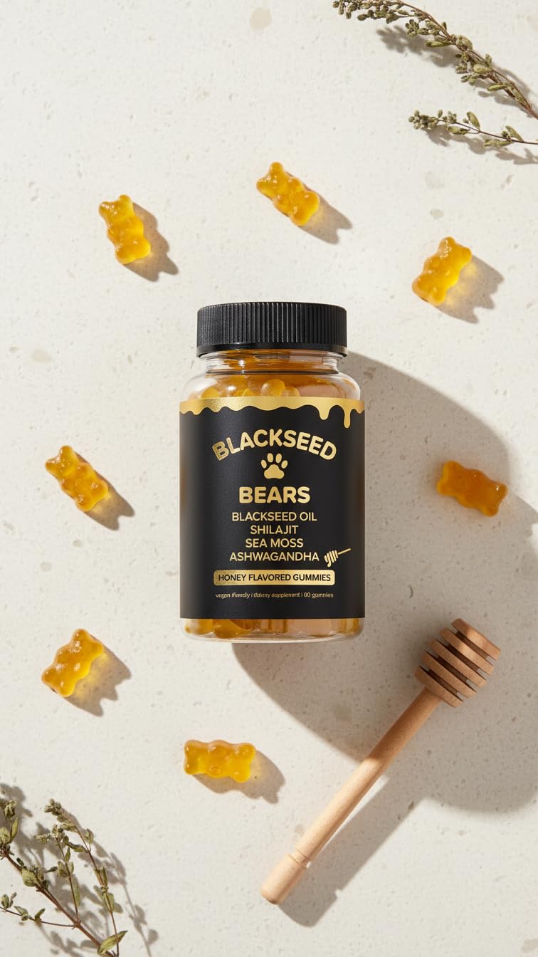 Blackseed Bears – Black Seed Oil, Shilajit, Sea Moss & Ashwagandha Gummies – Honey Flavored – 60 Count