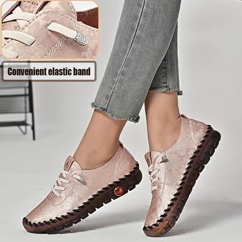 Women's Leather Soft Bottom Flat Slip-on Loafers Fashion Handmade Floral Embroidery Walking Shoes Comfort Orthopedic 4D Pain Relief Casual Shoes Pink 9