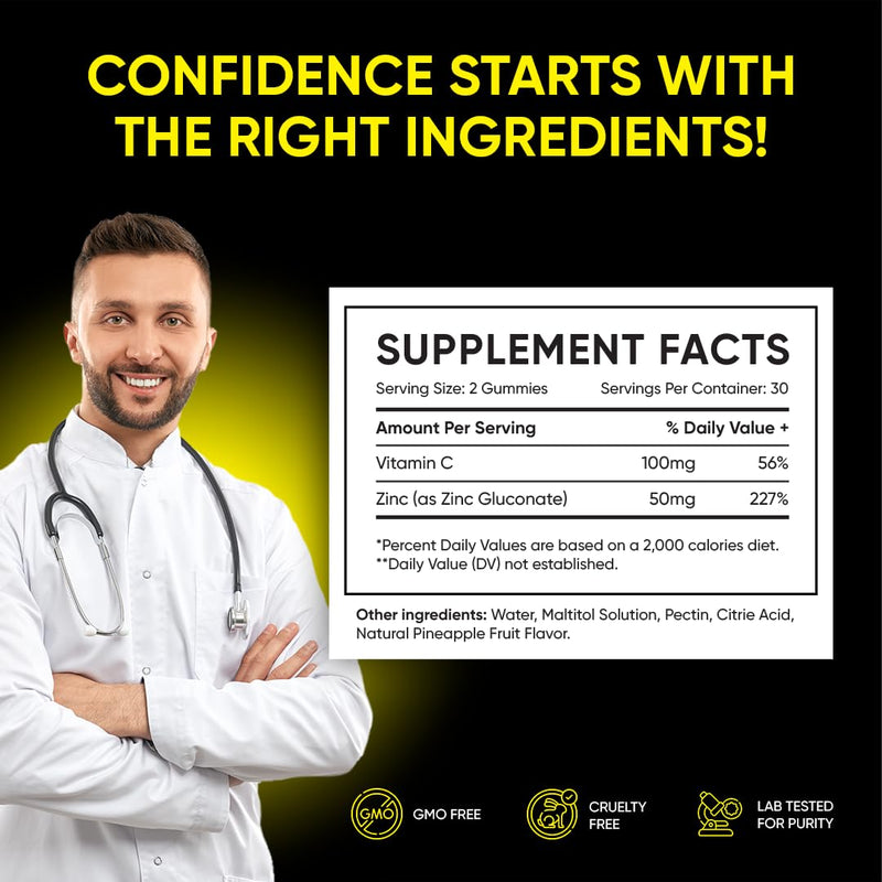 Men's Fertility & Vitality Support Gummies, Pineapple, Zinc & Vitamin C | Supports Fertility, Circulation, Immunity & Antioxidant Support, Zinc, Vitamin C, Non-GMO, Naturally Flavored, 1-Month Supply