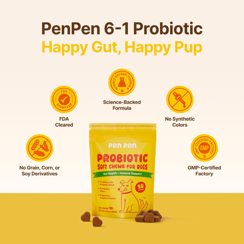 PENPEN Probiotics for Dogs, Dogs Probiotics for Digestive Health, Multi-Probiotic and Enzyme Blend Promote Gut Health & Immune Support, Eases Sensitive Stomachs (Beef Chews, 50ct) 50 Chews