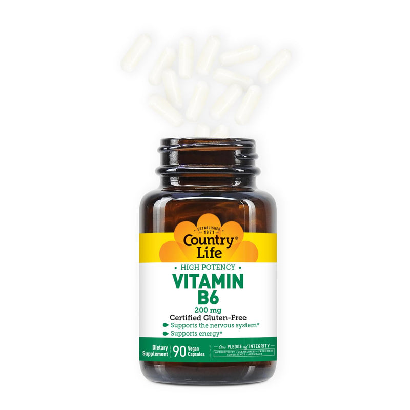 Country Life Vitamin B6 200 mg, High Potency, 90 Vegan Capsules | Supports energy metabolism and nervous system function in once-daily gluten-free and kosher formula B-6 Unflavored 90 Count (Pack of 1)