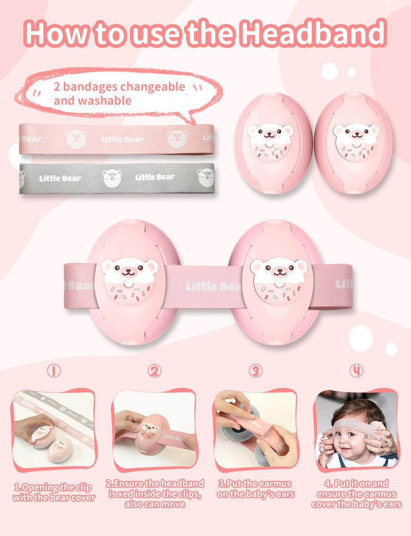 Baby Ear Muffs, 2-in-1 Baby Noise Canceling Headphone, Hearing Protection for Babies 0-48 Months, Adjustable Headband Pink