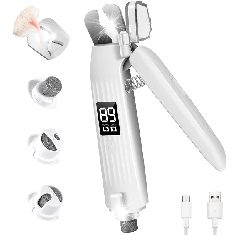 SZMDLX Dog Nail Clippers with Light, 2-in-1 Dog and Cat Nail Clipper with Grinder, Quiet Pet Nail Trimmer for Small Medium Large Dogs and Cats, USB Rechargeable White