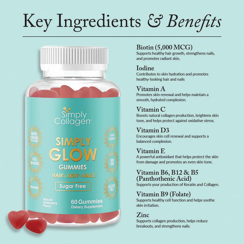 Simply Collagen® Simply Glow Hair, Skin & Nails Gummies – Vegan, Sugar-Free, Gluten-Free – Biotin 5000 mcg – Hair Gummies for Women & Men – 60 Count