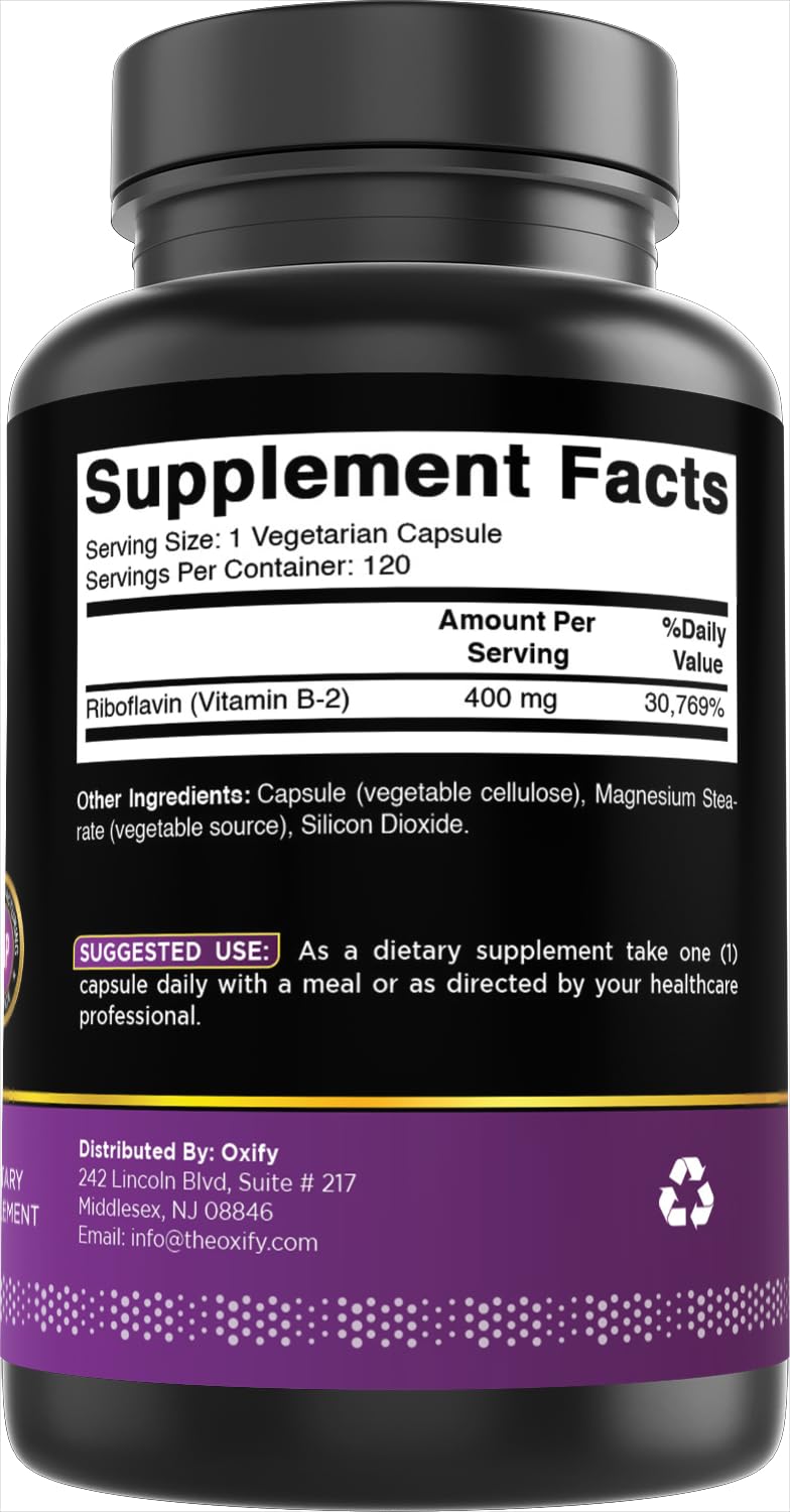 Oxify Vitamin B-2 (Riboflavin) 400 mg, 120 Vegetarian Capsules | Gluten-Free, Non-GMO, Supplement Made in USA