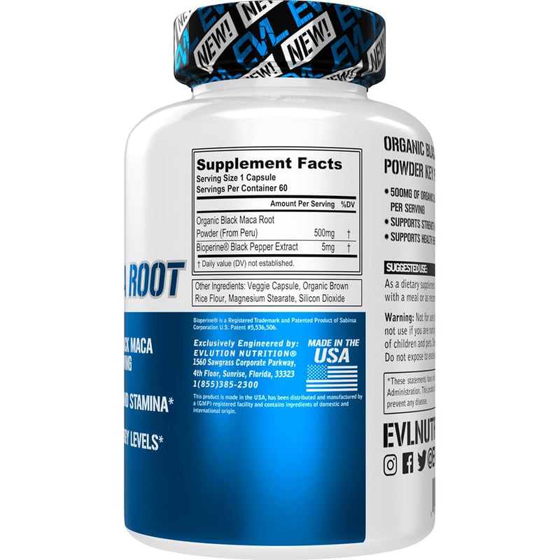 EVL Organic Black Maca Root 500mg Energy Support Capsules - 60 Servings | Organic Black Maca Root Formula Supports Energy, Strength, Stamina and Workout Performance In Vegetarian Capsules