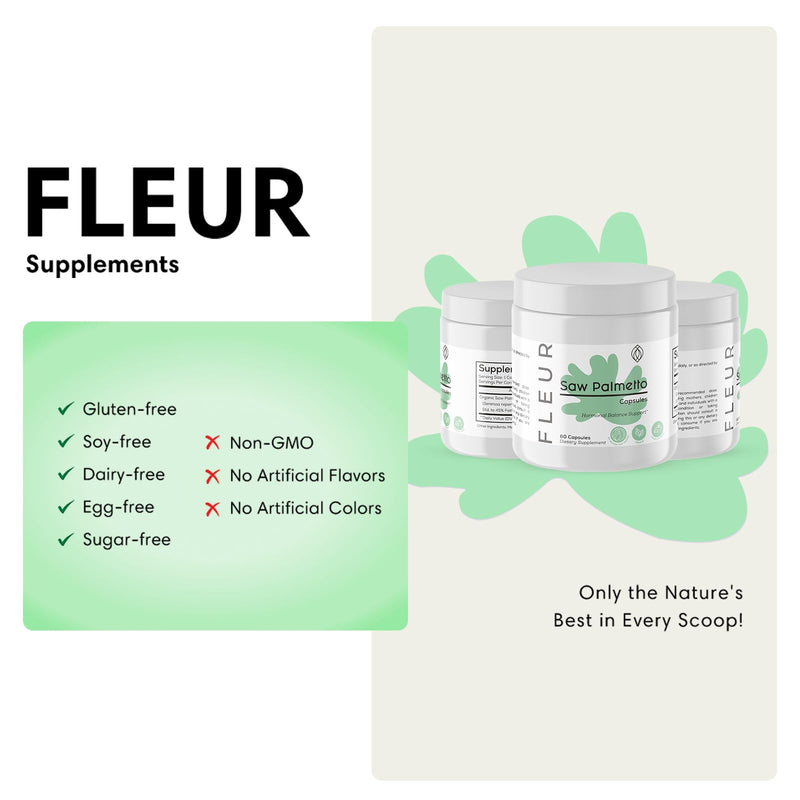 FLEUR Saw Palmetto Supplement, Extra Strength Prostate Support Supplement for Men, Supports Urination Frequency, DHT Blocker Herbal Hair Vitamin for Women, 500mg, 60 Capsules