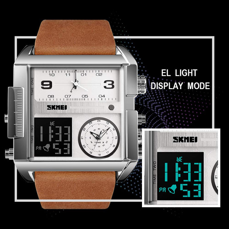 SKMEI Men's Digital Sports Watch, LED Square Large Face Analog Quartz Wrist Watch with Multi-Time Zone Waterproof Stopwatch Silver Brown