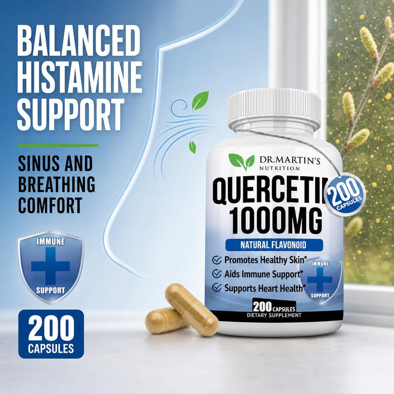 Quercetin 1000mg - 200 Capsules, Immune Support & Antioxidant Supplement | Seasonal Sinus & Respiratory Relief, Cardiovascular Health, No Bromelain, Immune Support, 100-Day Supply for Men & Women 200 Count (Pack of 1)