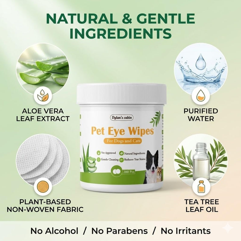 Dylan's cabin Eye Wipes for Cats - 200 Count Soft Round Dogs Eye Cleaning Pads, Alcohol Free pH Balanced Daily Tear Stain Wipes Remove Discharge and Crust pet eye wipes