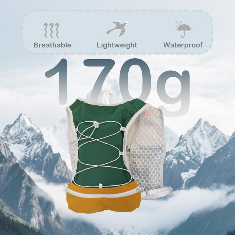 Lightweight Running Vest with 1L Hydration Bladder – 5L Trail Running Water Vest for Women & Men, Adjustable Fit Hydration Pack for Marathon, Jogging, Hiking, Cycling (Green/Grey/Pink) Green Large