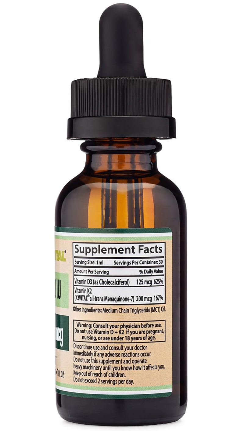 Vitamin D3 K2 5,000 IU Liquid Drops (5,000 IU of D3 and 200mcg of 99.9% All-Trans Patented K2 MK-7 (K2Vital)) Max Absorption Liquid Vitamin D Drops (30 Servings) by Double Wood (Pack of 2) 1 Fl Oz (Pack of 2)