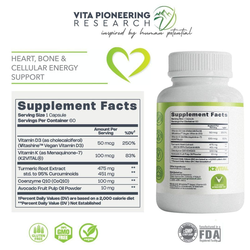 5-in-1 Vitamin D3 2000IU + K2Vital Vitamin K2 with Turmeric and COQ10 - with Avocado Powder for Enhanced Absorption - Heart, Bone, Cellular Health Support