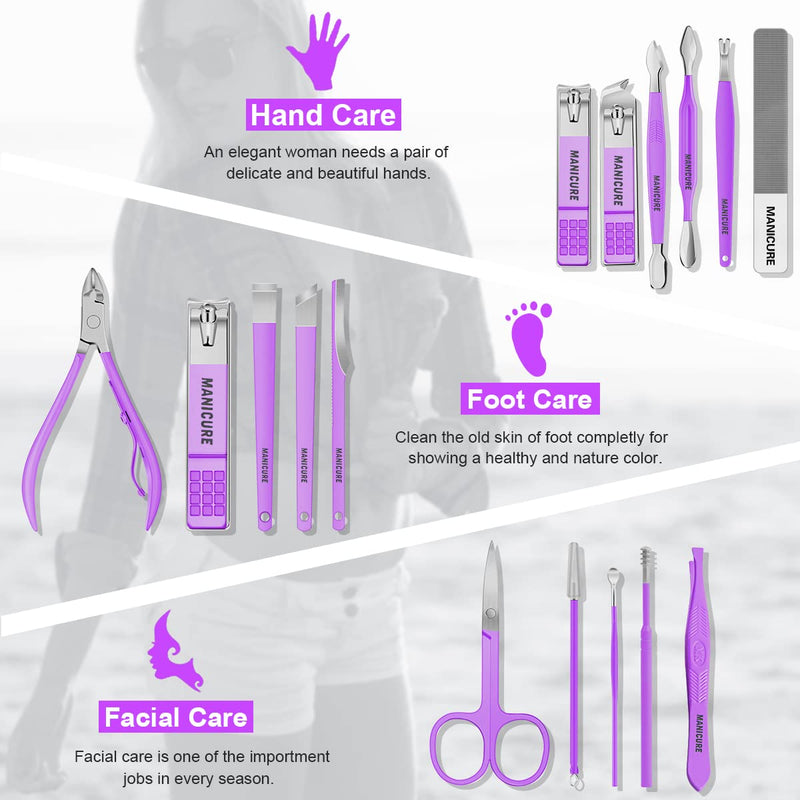 Manicure Set Professional Nail Clippers Pedicure Kit, 16 pcs Stainless Steel Nail Care Tools Grooming Kit with Luxurious Travel Leather Case for Thick Nails Men Women Gift Violet