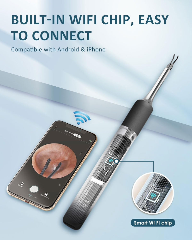 CozyZen Ear Wax Removal Tool S5 with 10 MP Camera Otoscope, Omnidirectional Tweezer, Crodless Earwax Remover Tool with 12 Ear Spoon, Wireless Ear Cleaner with Light for iOS & Android (Black) Black - BeesActive Australia