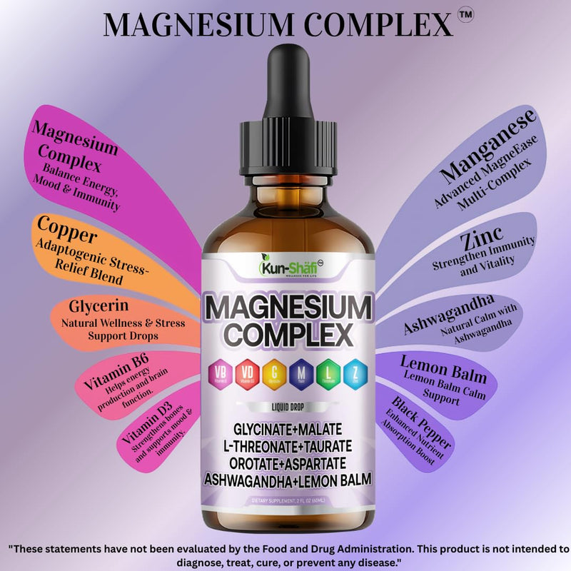 Magnesium Complex Liquid Drops – High Absorption Magnesium Glycinate, Malate, L-Threonate, Taurate with Ashwagandha & Lemon Balm – Vitamin C B1 B2 B6 B12 Complex – 2 Fl Oz(60 ml)