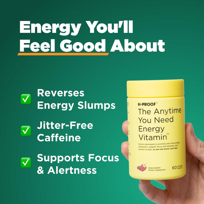 H-PROOF The Anytime You Need Energy Vitamin, 60 Chewable Tablets | 30 Servings, Science-Supported Energy & Focus, Jitter-Free Caffeine, Citicoline, L-Tyrosine, B Vitamins Mixed Berry