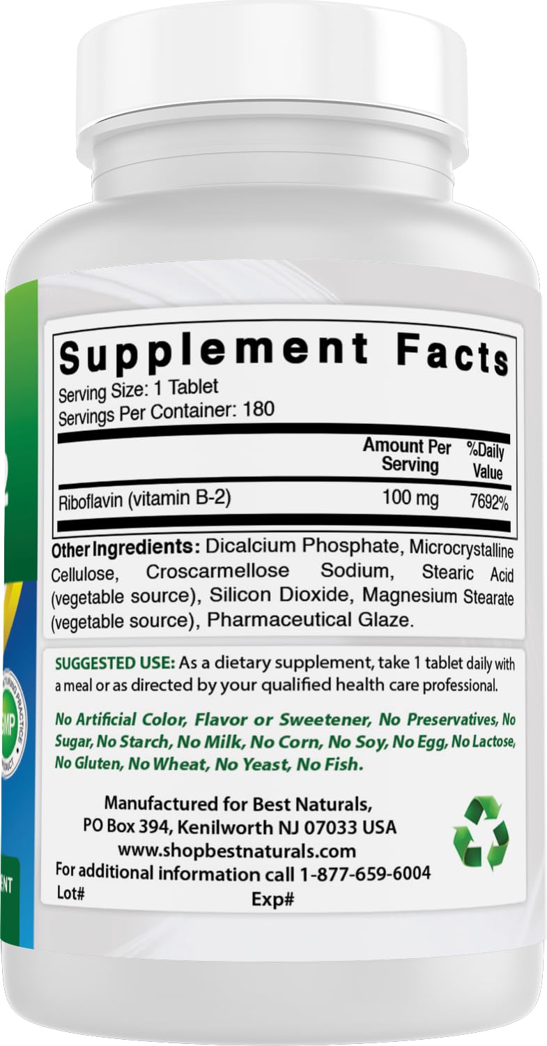 Best Naturals Vitamin B2 (Riboflavin) 100 mg 180 Tablets - Premium Formula - 3rd Party Lab Tested (Pack of 2) 180 Count (Pack of 2)