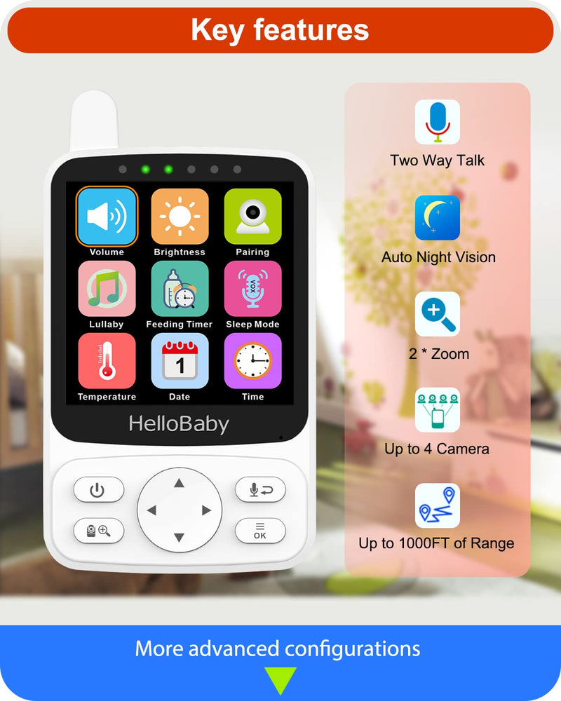 HelloBaby Baby Monitor - Portable Video Baby Monitor with Camera and Audio, 4" IPS, 29-Hr Battery, 1000ft Range, Night Vision, 2-Way Audio, No WiFi,Temperature, Ideal for Travel HB40 with 1 camera - BeesActive Australia