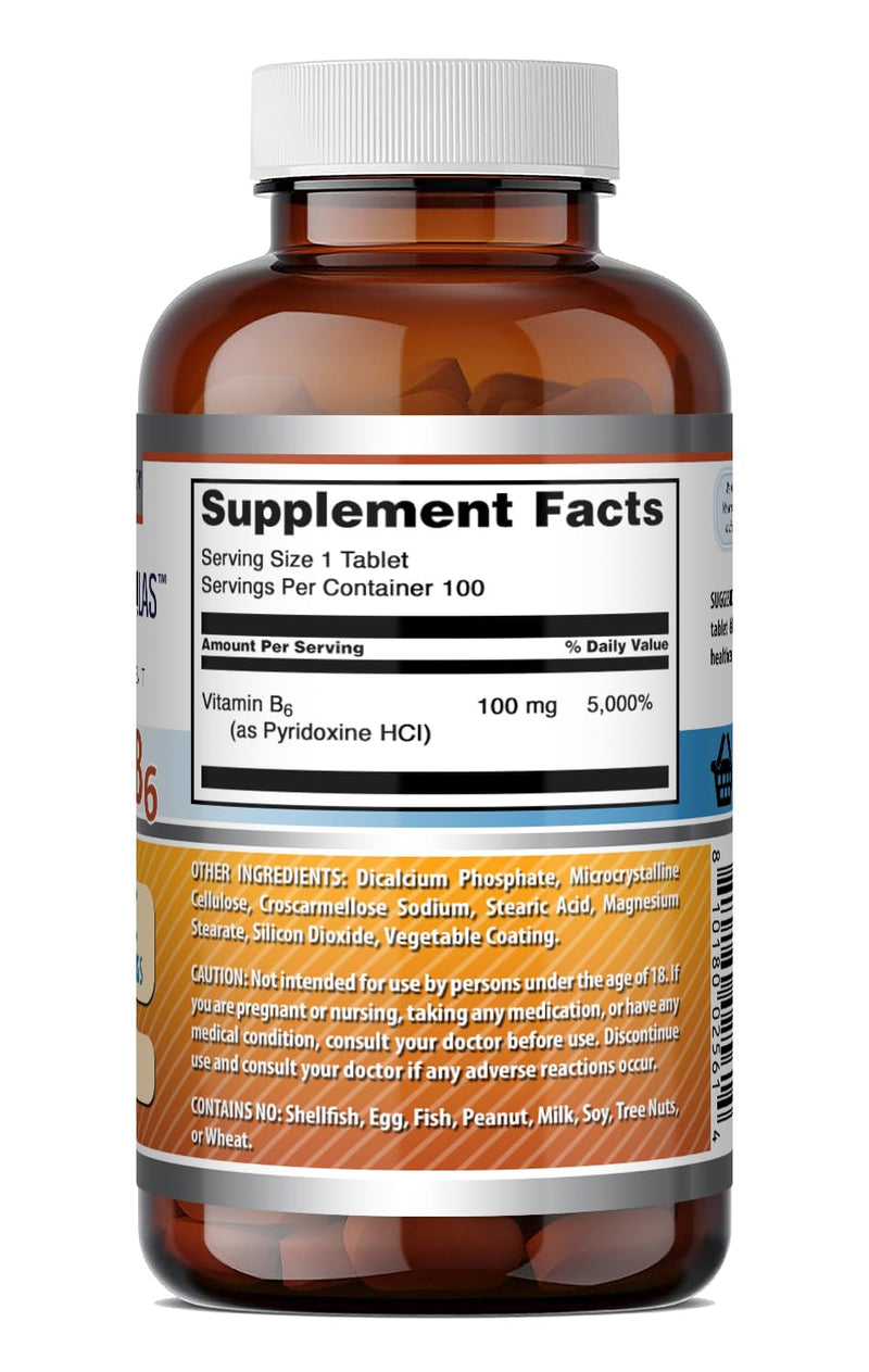 Amazing Formulas Vitamin B6 (Pyridoxine HCI) Supplement | 100 Mg | Tablets | Non-GMO | Gluten-Free | Made in USA (1 Pack | 100 Count) Unflavored