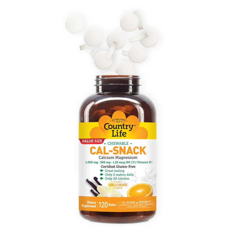 Country Life Cal-Snack Calcium Magnesium Wafers, Vanilla Orange, 120 Count | Chewable wafers provide 1,000 mg calcium, 500 mg magnesium and vitamin D per 2-wafer serving 120 Count (Pack of 1)