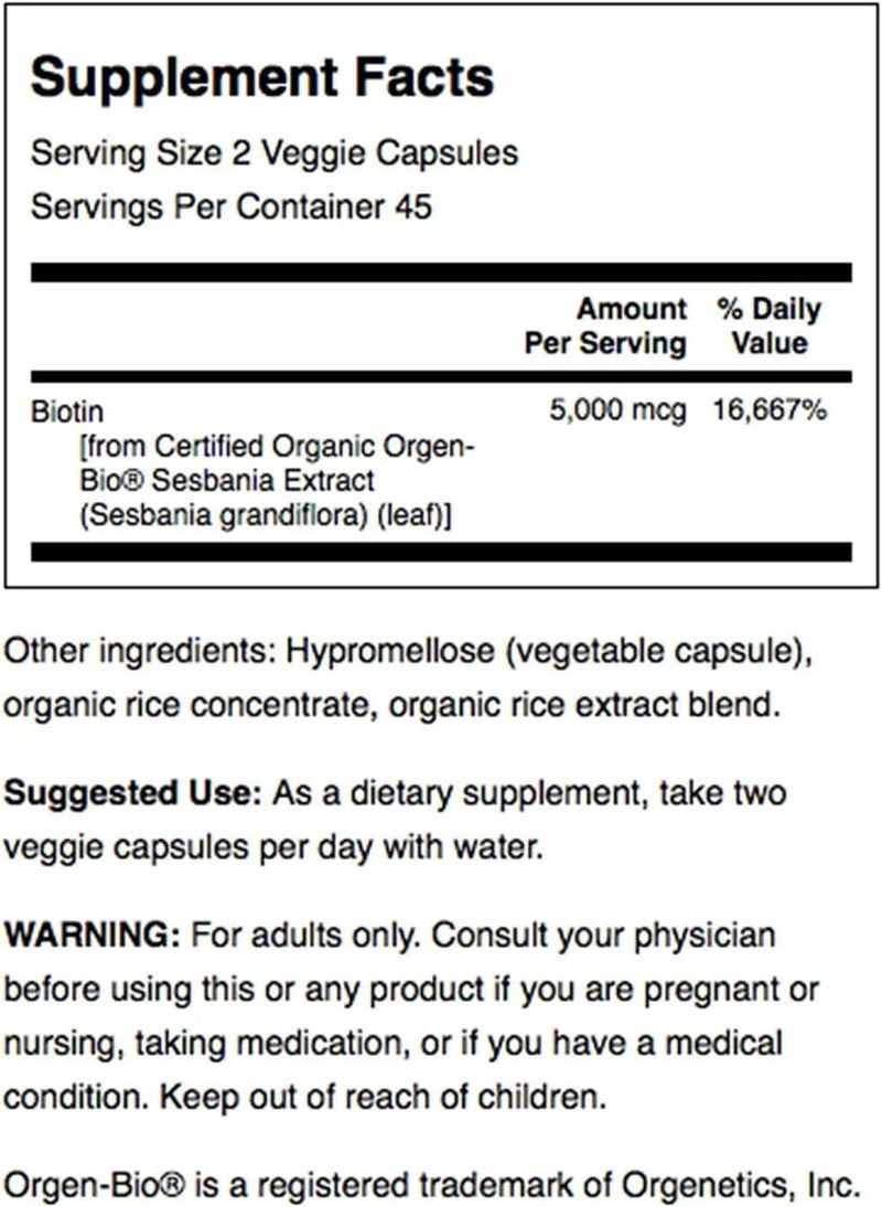 Swanson Real Food Biotin B-7 5000 mcg, 90 Veggie Capsules | Biotin Supports Hair, Skin, Nails, Energy and Metabolism, Delivering 8x the Daily Value from Real Food Nutrition