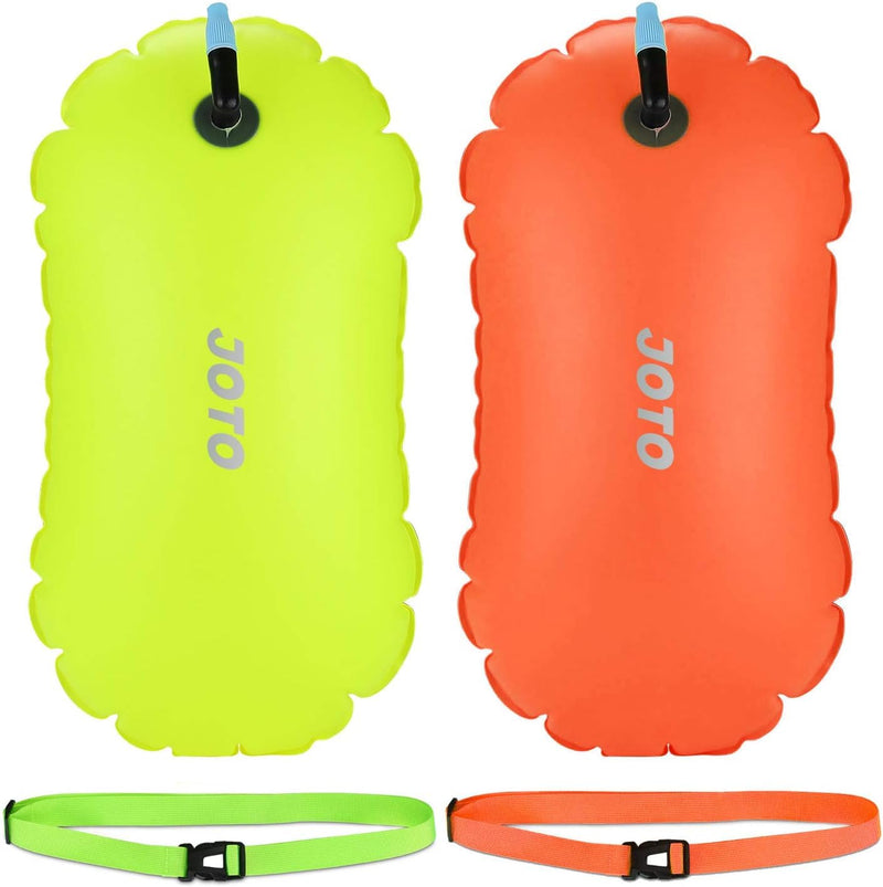 JOTO 2 Pack Swim Buoy Float for Open Water, Swimming Belt Bubble Safety Float with Adjustable Waist, Snorkeling, Swim Training, Triathletes, Kayaking Small Neonyellow & Orange - BeesActive Australia
