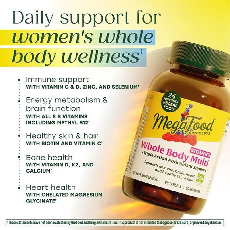 MegaFood Whole Body Methylated Multivitamin for Women, 60 Tablets | 24 Nutrients Plus Antioxidant Support from Fruit, Methylfolate, Methylated B12, Magnesium Glycinate, Vegetarian, 60 Servings 60 Count (Pack of 1)