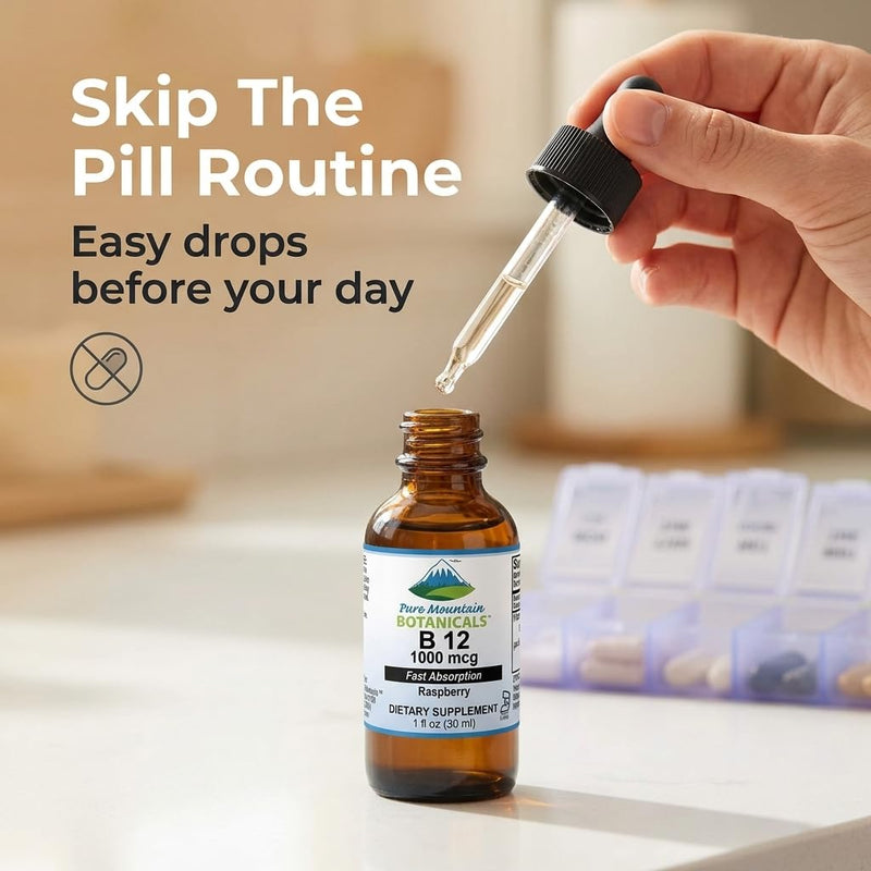 Pure Mountain Botanicals B12 1000 mcg - B12 Complex - Natural Berry Flavor - 30 Servings - Liquid Drops Vitamin - Kosher Supplement 1 Fl Oz (Pack of 1)