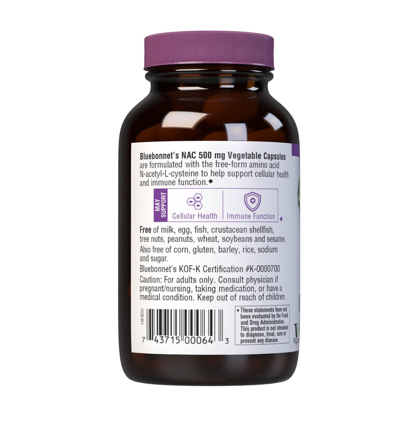Bluebonnet Nutrition NAC N-Acetyl-L-Cysteine 500 mg, 60 Vegetable Capsules | Antioxidant Cellular Health & Immune Support; Non-GMO, Kosher, Gluten-Free 60 Count (Pack of 1)