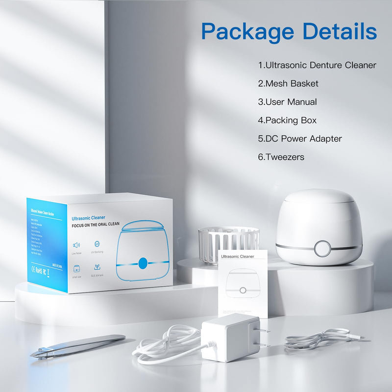 Ultrasonic Retainer Cleaner, 45kHz Denture Cleaner Machine, 5min and 10min Modes with Rechargable Top Cover, 200ml Dental Cleaning Pod, MouthGuard Cleaner for Aligner NightGuard Jewelry(White) White - BeesActive Australia