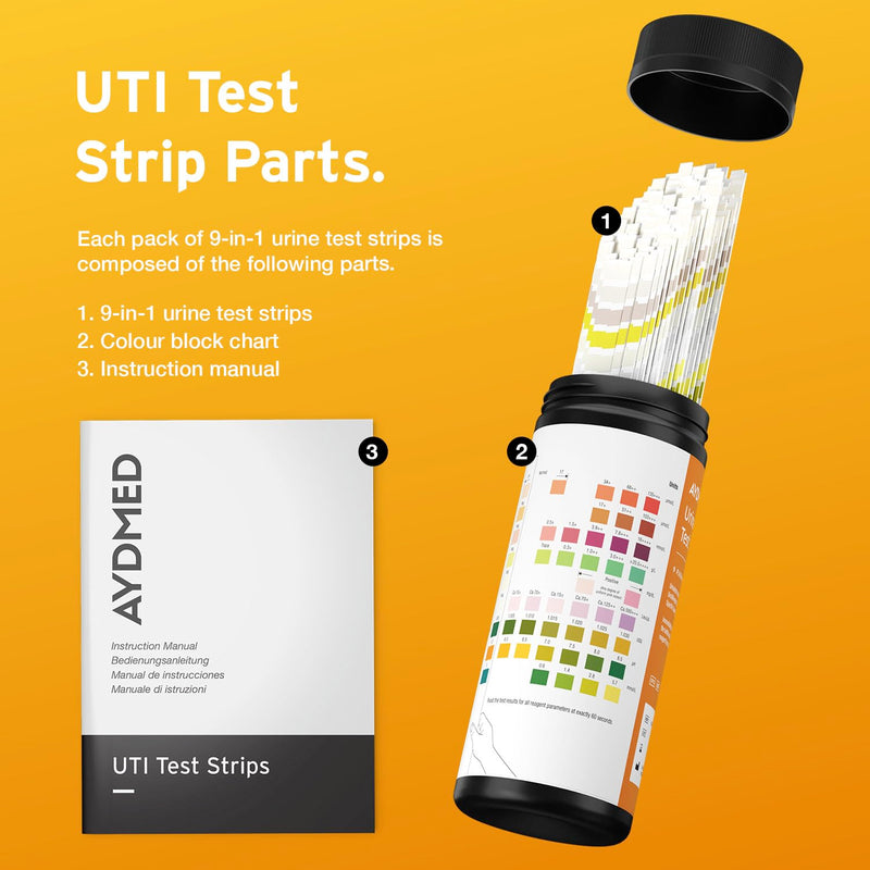 100 x AYDMED 9-in-1 UTI Test Strips | 9 Parameter Urine Test Strips for Leukocytes, Nitrite, Specific Gravity, pH, Protein, Urobilinogen, Bilirubin, Ketone & Ascorbic Acid | FSA & HSA Eligible - BeesActive Australia