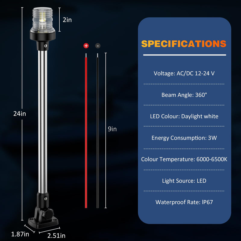 24 Inches Anchor Light Stern Lights for Boats LED Waterproof IP67, White Fold Down Rear Boat Navigation Lights, 3NM Visible Boat Running Light LED Marine for Pontoon, Bass Boats (12-24V) 24 Inches