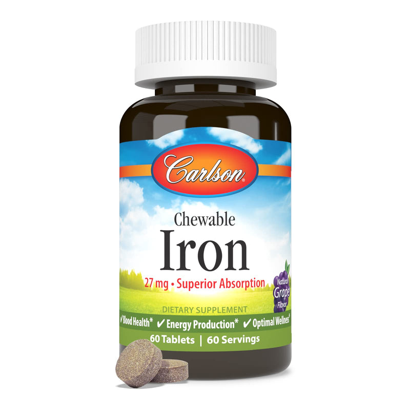 Carlson Chewable Iron, 27 mg, Superior Absorption, 60 Chewable Tablets | Grape; Energy Production; Optimal Wellness Natural Grape 60 Count (Pack of 1)