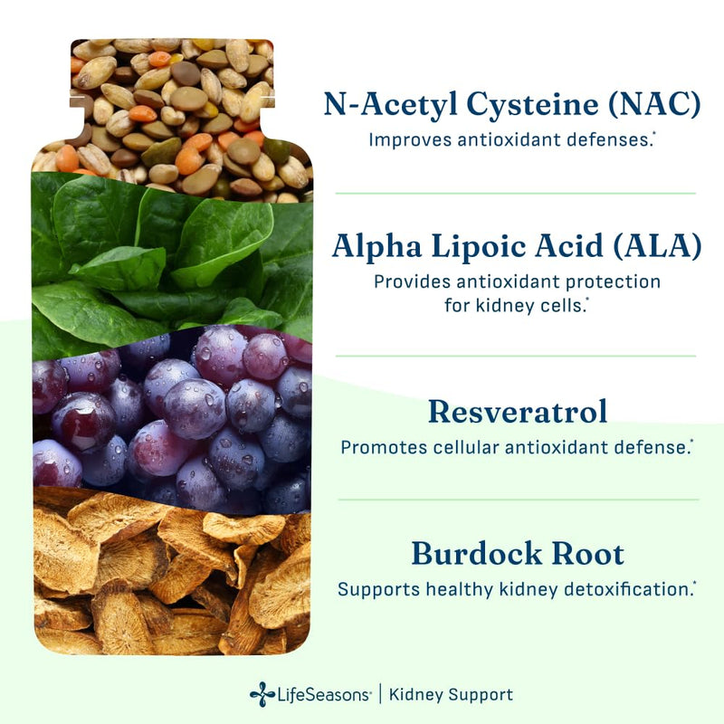 LifeSeasons Kidney Support Supplement – Cellular Protection with NAC, Alpha Lipoic Acid, Resveratrol, Burdock Root & Vitamin D3 – Supports Detox, Oxidative Stress & Renal Function – 120 Capsules