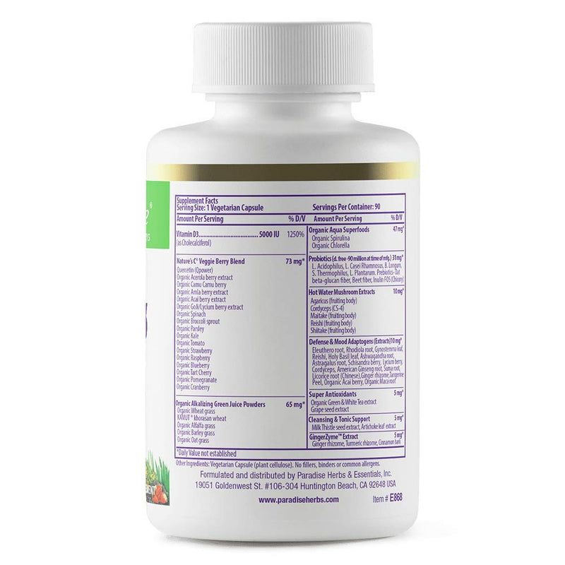 Paradise Herbs Earth's Blend Vitamin D3, 90 Vegetarian Capsules | Superfoods base with probiotics, organic alkalizing greens, veggies and berries in a dietary supplement formula 90 Count (Pack of 1)