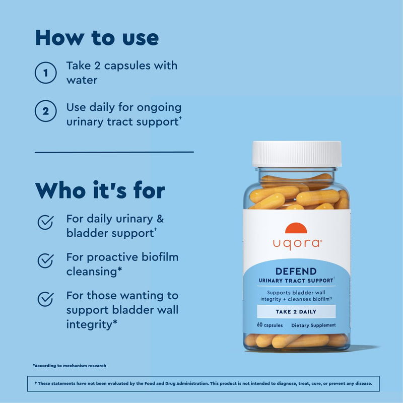 Uqora Defend, Urinary Tract Support, 120 Capsules (2 Pack) | Urinary Tract Health Supplement, Cleanse Biofilm** with D-Mannose, Green Tea Extract, Turmeric Extract, and More, Gluten-Free 120 Capsules (Pack of 2)