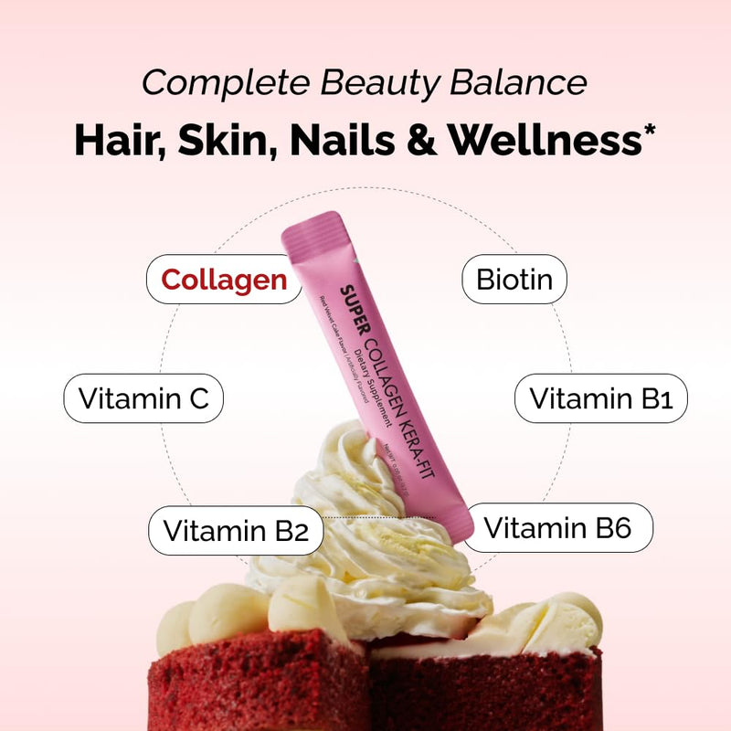 VITALBEAUTIE Super Collagen Kera‑Fit – K‑Beauty Hair, Skin & Nail Powder Stick Packs – Developed with K‑Dermatologist, Red Velvet Cake Flavor – 30 Packets