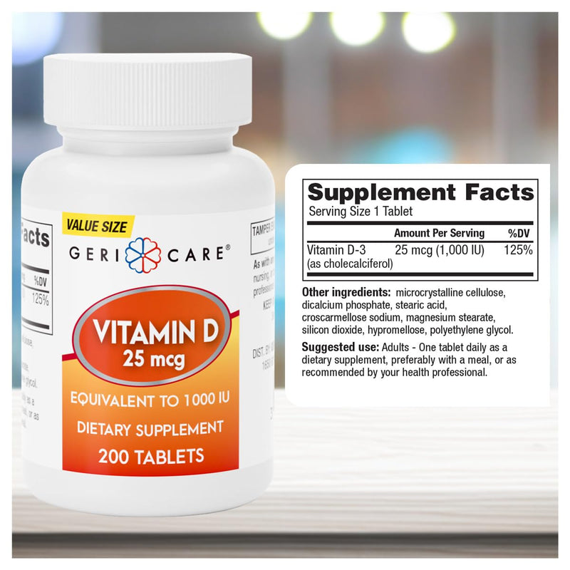 GeriCare Vitamin D-3 25 mcg (1,000 IU) – Supports Strong Bones, Healthy Mood & Immune Defense – Daily Support Supplement for Overall Well-Being – 200 Tablets (Pack of 1) 200 Count (Pack of 1) Vitamin D 25mcg