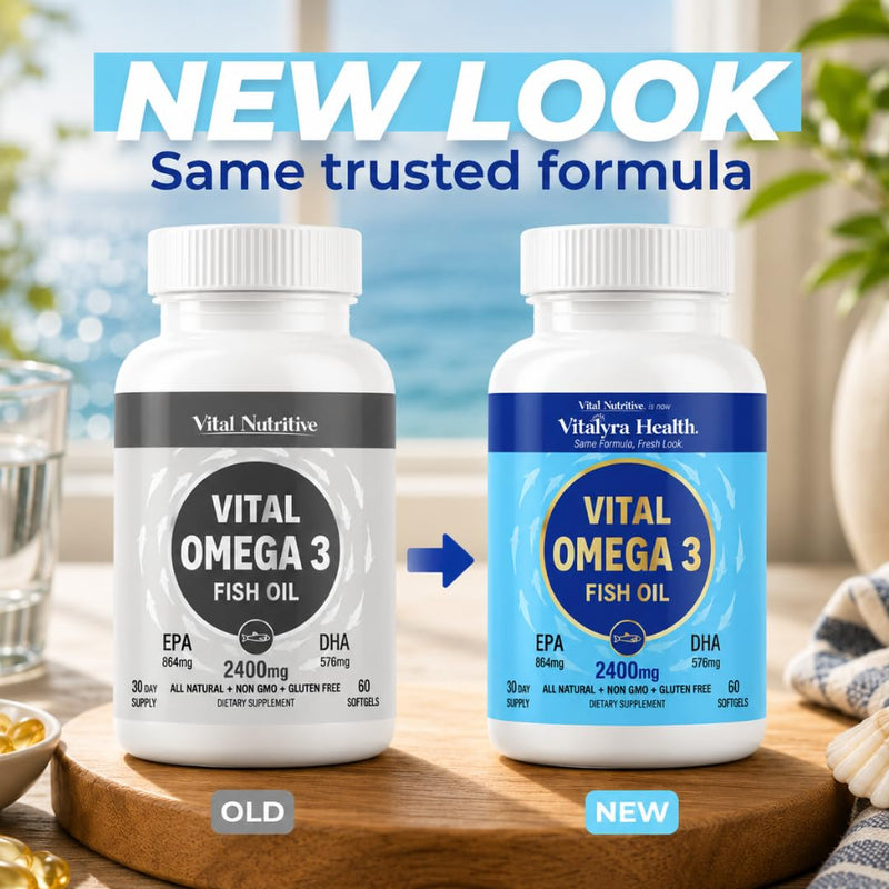 VITAL NUTRITIVE Omega 3 Fish Oil 2400mg - 864mg EPA 576mg DHA Brain & Heart | 1440mg Total Omega-3 Fatty Acids, for Women & Men, Brain & Heart Health, Lemon Taste, Gluten&Sugar Free, Non-GMO, 30 Days 60 Count (Pack of 1)