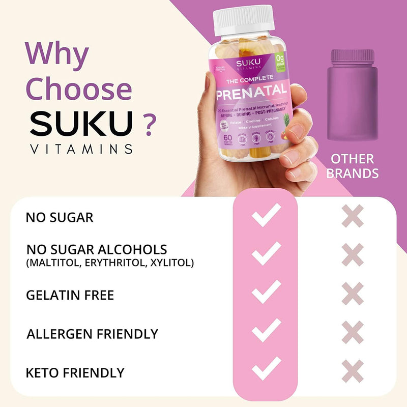 SUKU Prenatal Multivitamin Gummies – Folate, Calcium, Vitamin D3, B12, K2 – Sugar-Free, Vegetarian, Gluten-Free Pregnancy Support – Pineapple Peach Flavor – 60 Count