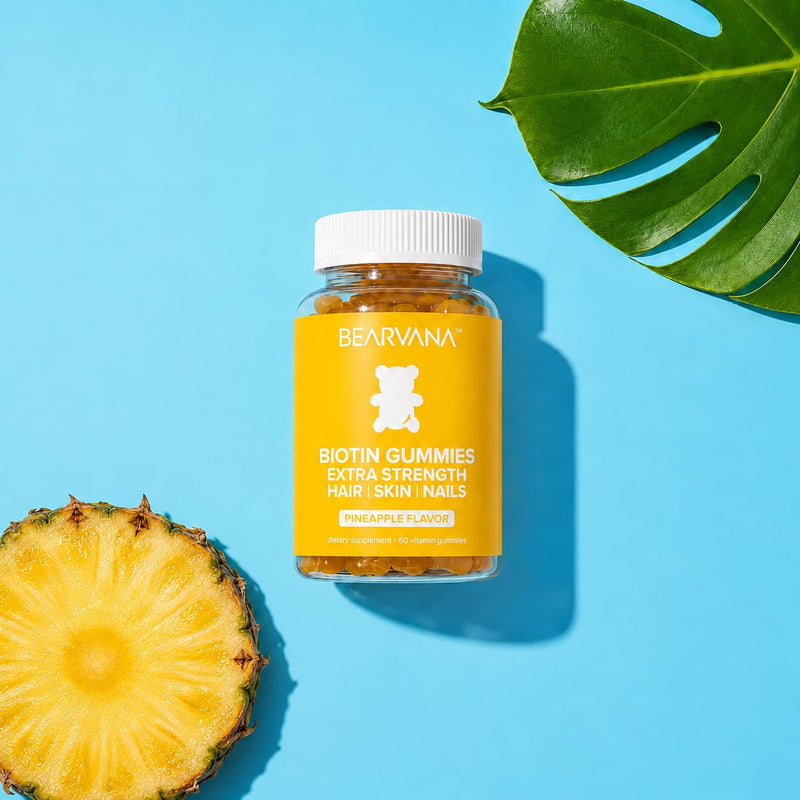 BEARVANA Biotin Gummies Extra Strength | Hair Skin & Nails Vitamins with Biotin, Vitamin C, E, B6 & B12 | Vegan Gummy Vitamins | Pineapple Flavor | 60 Gummies