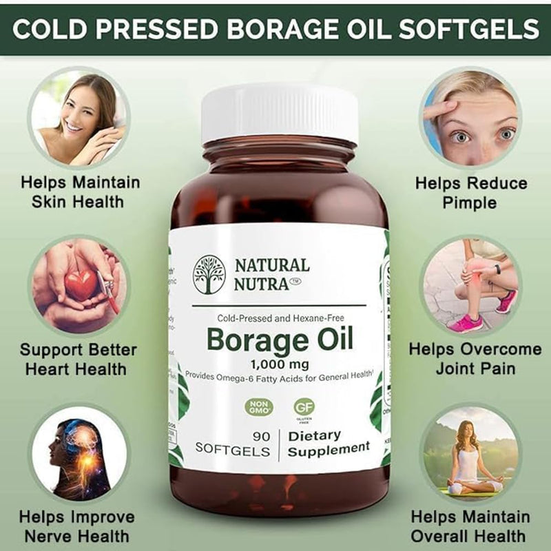 Natural Nutra Borage Oil, Maintain Skin Health, Support Better Heart Health, Improves Nerve Health, Help Overcome Joint paint, Help Reduce Pimple, Omega 6 Essential Fatty Acids Supplement 90 Softgels. 90 Count (Pack of 1)