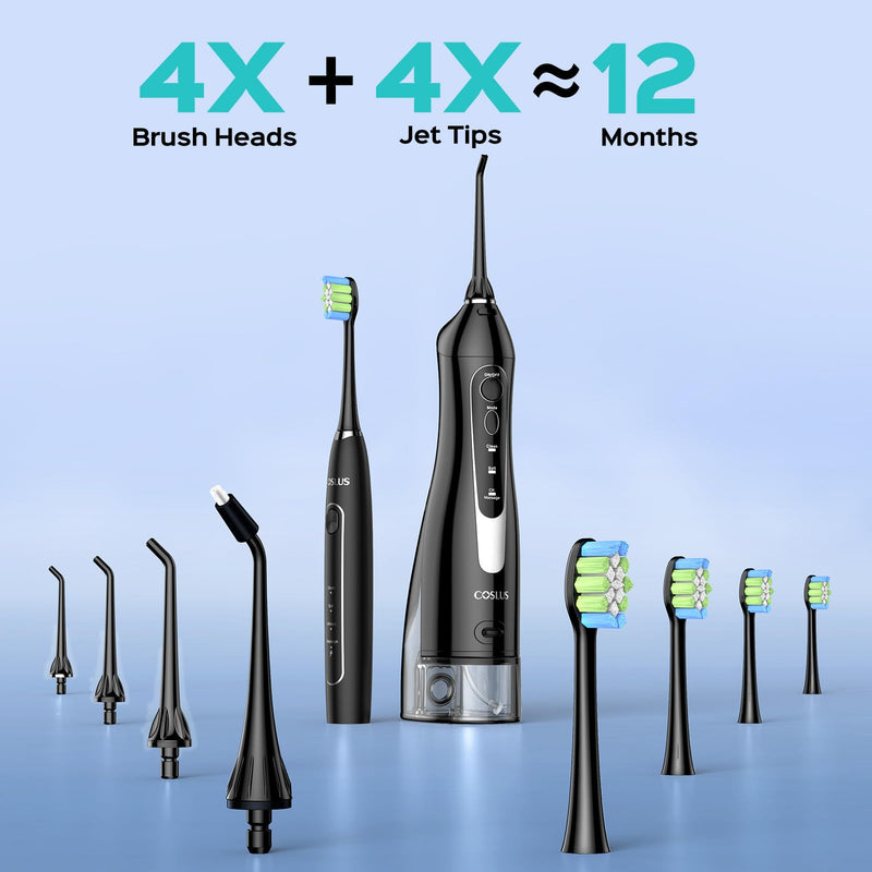 COSLUS C20 & C41 Portable Water Flosser with Electric Toothbrush Combo: 2-in-1 Oral Clean Kit for Teeth, Braces, Gums Care - Brushing & Flossing for Adults, Family, Travel Use, BPA-Free, Black - BeesActive Australia