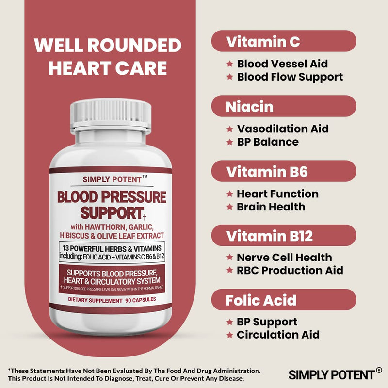 Blood Pressure Support Supplements - Healthy Heart, Cholesterol, Cardio, Hypertension, High BP - 13 Vitamins & Herbs - Folic Acid, Vitamins C B6 & B12, Hawthorn Olive Leaf Garlic Hibiscus, 90 Capsule