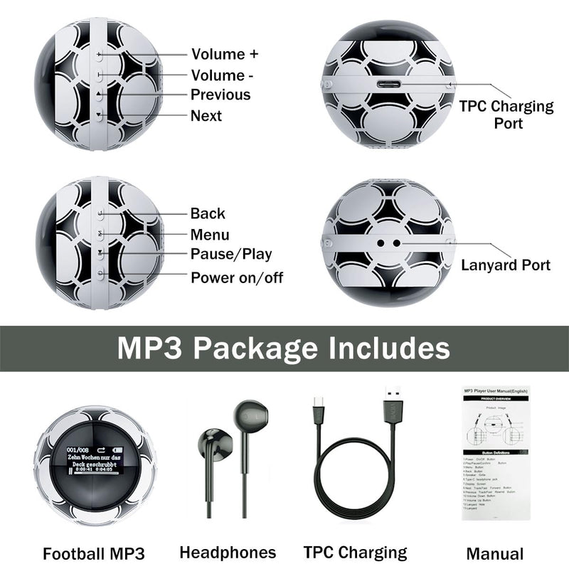 64GB MP3 Player for Kids,MP3 Player with Bluetooth 5.0, Mini Soccer Ball Music Player, Supports Speaker, FM Radio, Recording, and Pedometer Functions, Comes with Headphones and Lanyard