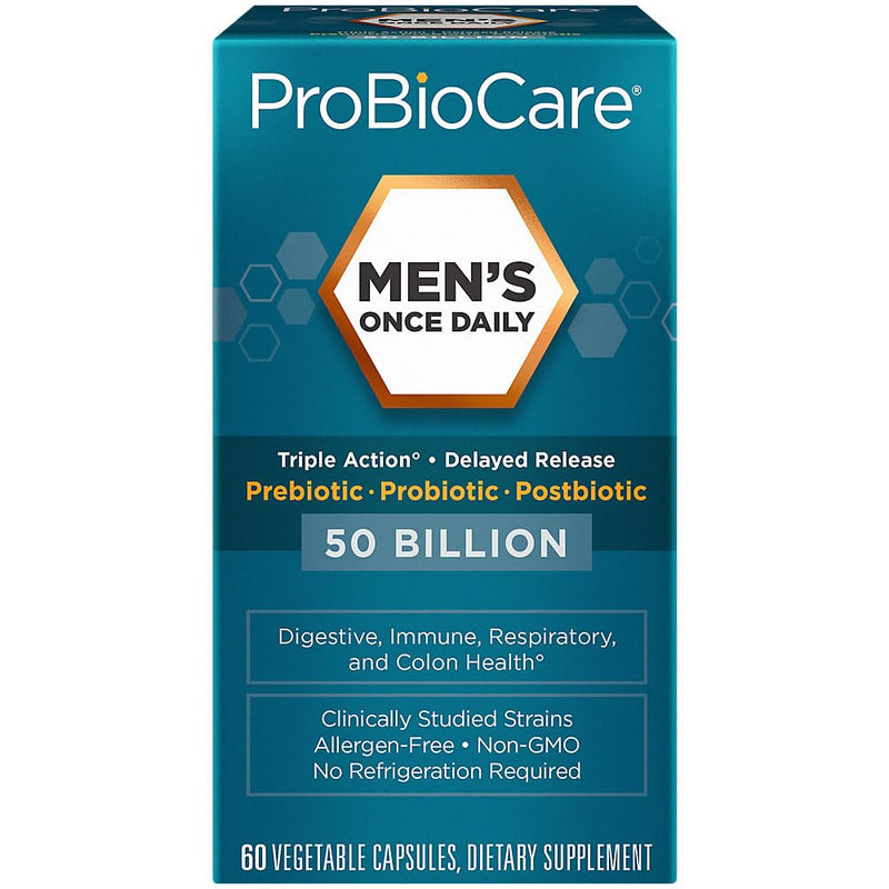 ProBioCare Men’s Once Daily Probiotic, 50B CFU, Digestive Health, 60 Caps | Triple-Action Prebiotic, Probiotic & Postbiotic Blend, Delayed-Release Capsules, Shelf-Stable, Non GMO, Allergen Free