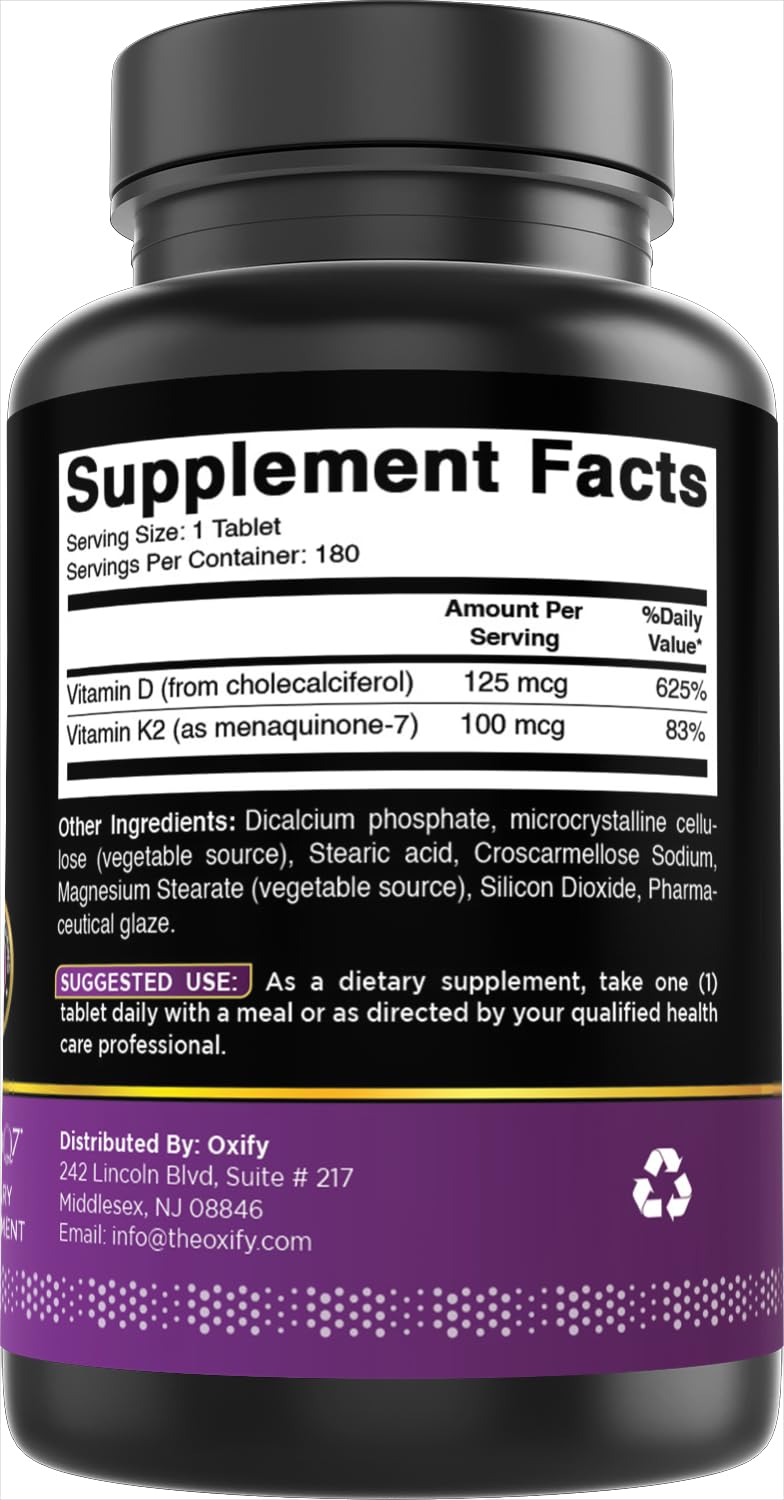 Oxify MK-7 Vitamin K2 100 mcg with D3, 180 Tablets | Gluten-Free, Non-GMO, Made in USA