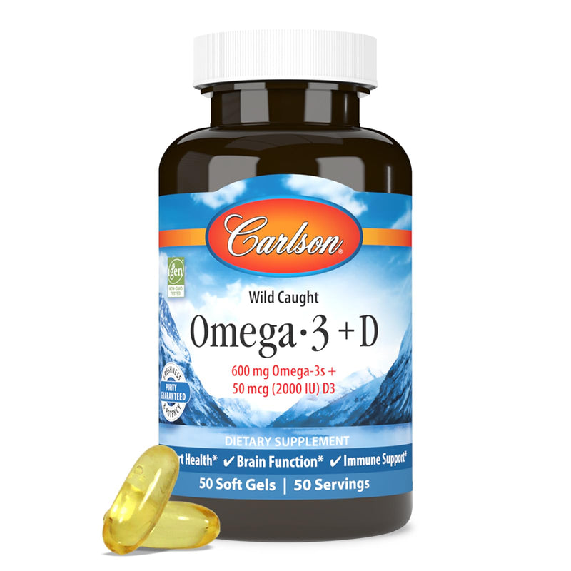 Carlson Omega-3 + D, 600 mg Omega-3s with EPA & DHA + 2,000 IU Vitamin D3, Wild-Caught Fish Oil, Norwegian-Sourced Omega-3 Supplement, Heart, Brain & Bone Support, 50 Soft Gels